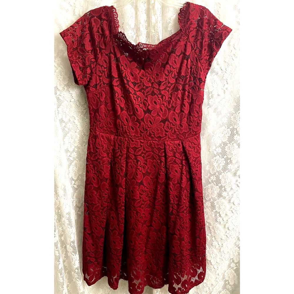 MISSMAY Women's Floral Lace Short Sleeve Boat Neck Swing Dress Red Size XXL
